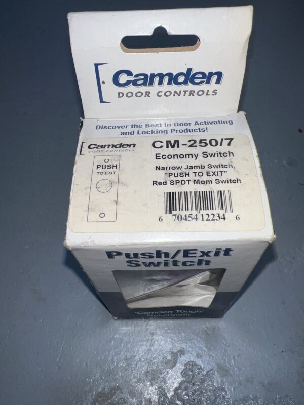 Camden CM-250-7 Switch with Narrow Faceplate, ‘PUSH TO EXIT’, Black Text